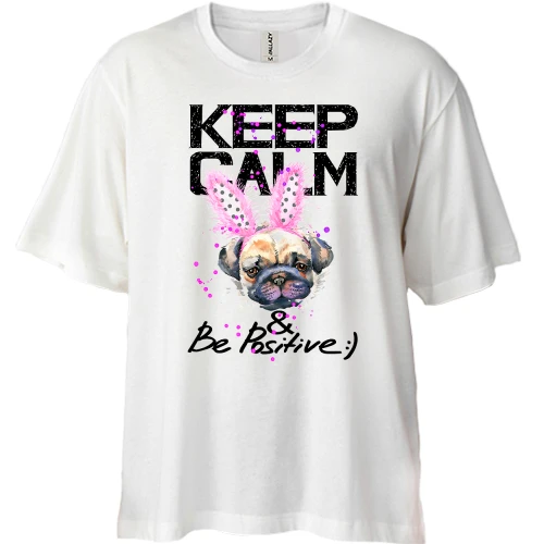 Футболка двунитка Oversize, Белый, Keeg calm and be positive с мопсом