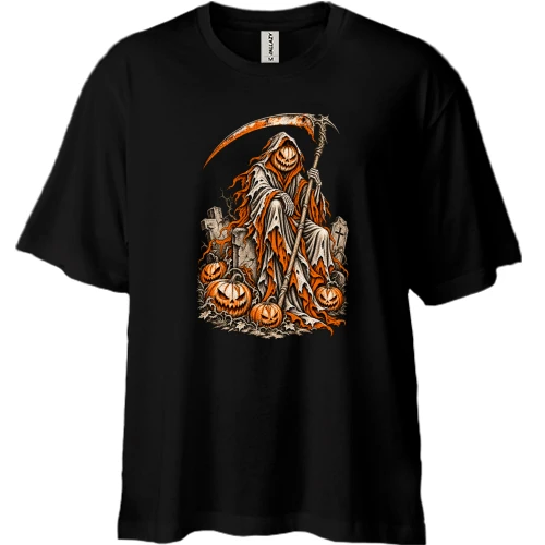 Футболка двунитка Oversize со жнецом и тыквами на кладбище