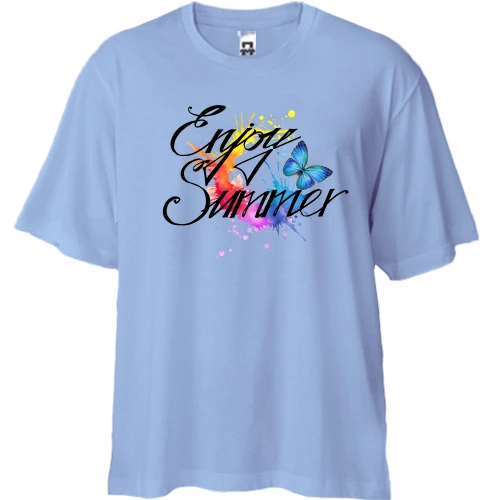 Футболка двунитка Oversize, Синий, с бабочкой "Enjoy Summer"
