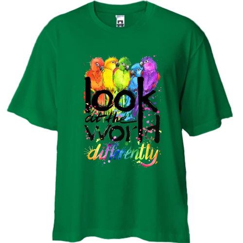 Футболка двунитка Oversize с попугаями "Look at the world differentty"