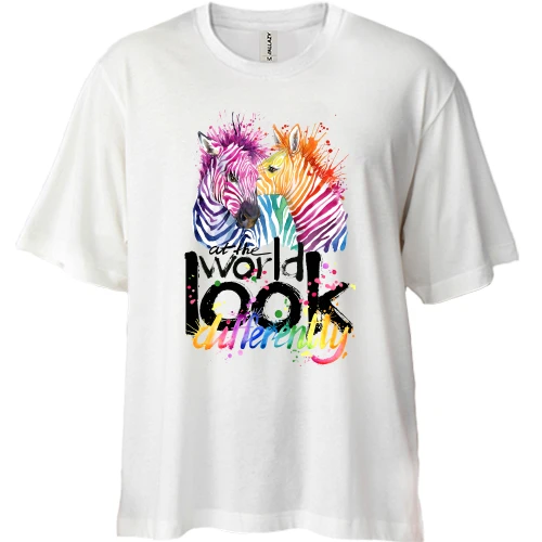 Футболка двунитка Oversize, Белый, с зебрами "Look at the world differentty"