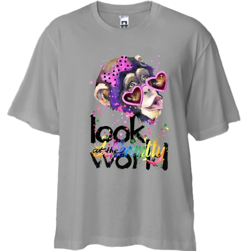Футболка двунитка Oversize с обезьяной "Look at the world differentty"