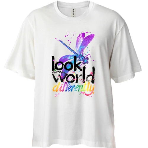 Футболка двунитка Oversize, Белый, с стрекозой "Look at the world differentty"
