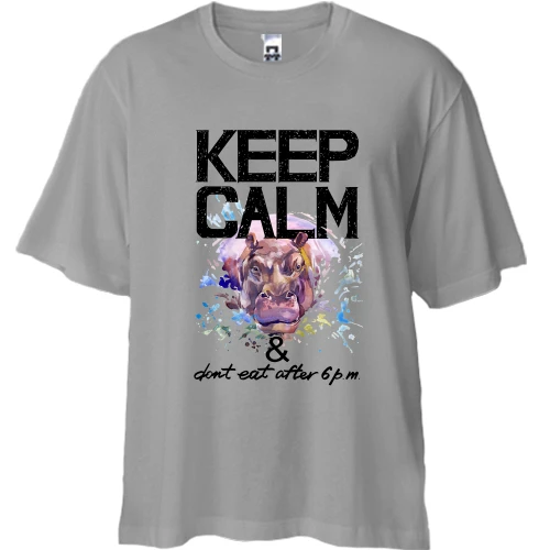 Футболка двунитка Oversize, Серый, с бегемотом Keep calm & dont eat after 6 pm