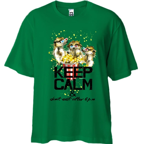 Футболка двунитка Oversize, Зеленый, с сусликами и попкорном Keep calm & dont eat after 6 pm