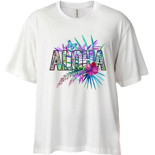 Футболка двонитка Oversize, Білий, з написом ALOHA, гібіскусом і метеликом