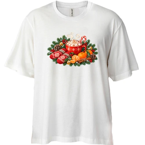 Футболка двунитка Oversize с новогодним какао и мандаринами