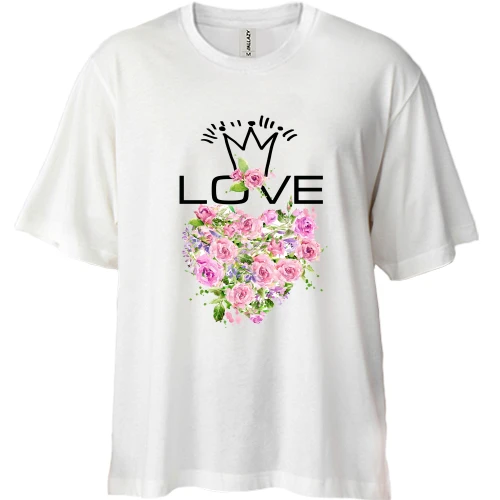 Футболка двунитка Oversize, Белый, с сердцем из роз "love"