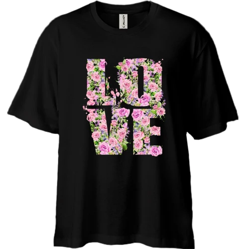 Футболка двунитка Oversize, Черный, с надписью из роз "love"
