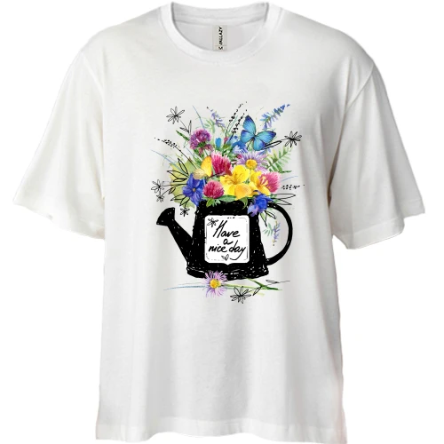 Футболка двунитка Oversize, Белый, с букетом "have a nice day"