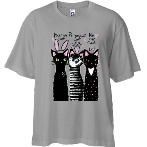 Футболка двунитка Oversize, Белый, с котами "bunny, princess, me ow"