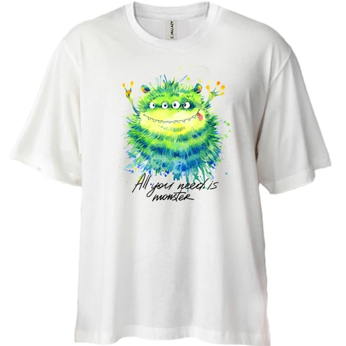 Футболка двунитка Oversize, Белый, с монстром 4 глаза "all you need is monster"