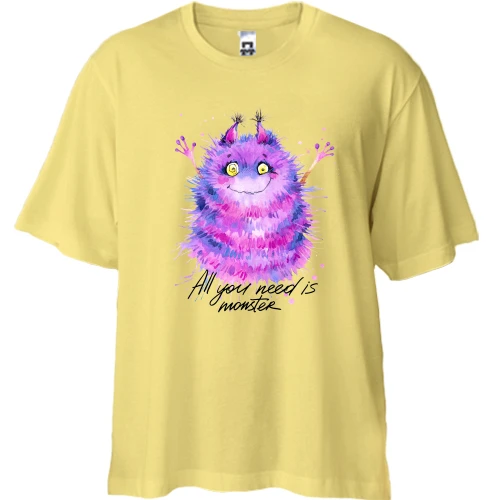 Футболка двонитка Oversize, Жовтий, з монстром "all you need is monster" (2)