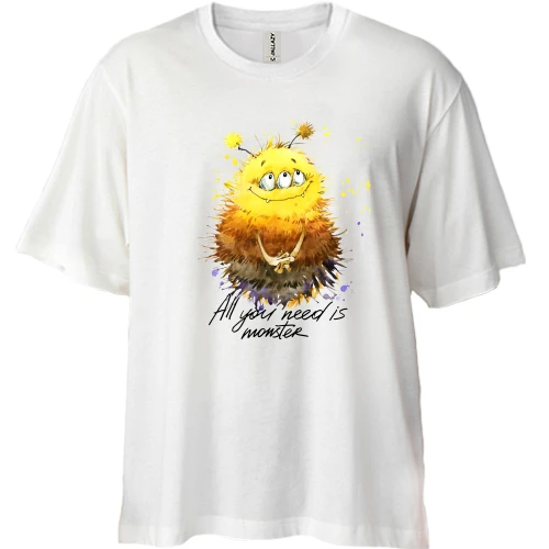 Футболка двунитка Oversize, Белый, с монстром (3 глаза) "all you need is monster"