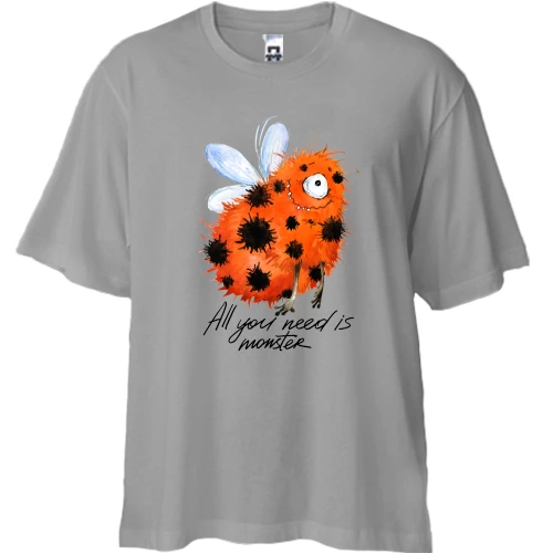 Футболка двунитка Oversize, Серый, с летающим монстром "all you need is monster"