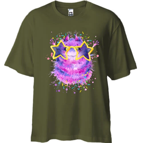 Футболка двунитка Oversize, Черный, с монстриком в очках "discostar"