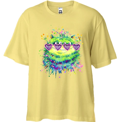 Футболка двунитка Oversize, Желтый, с монстриком в очках (4 глаза)