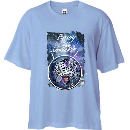 Футболка двунитка Oversize, Синий, c леопардом "Enjoy the universe"
