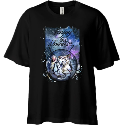 Футболка двунитка Oversize, Черный, c тигром "Enjoy the universe" (1)