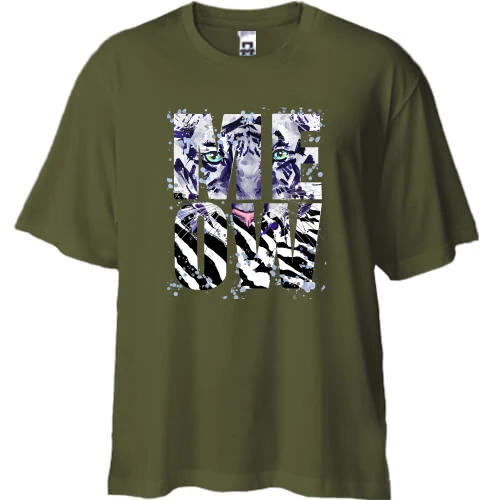 Футболка двунитка Oversize, Хаки, c тигром "meow" (1)