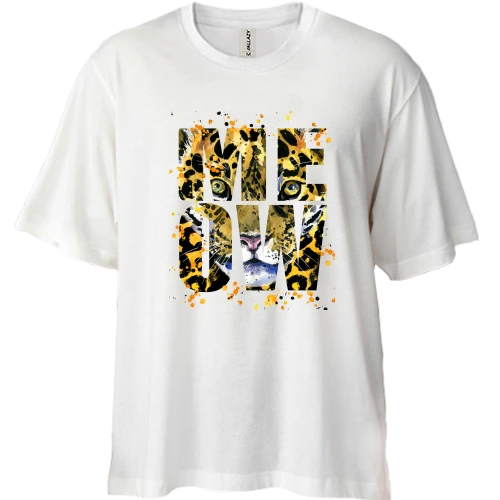 Футболка двунитка Oversize, Белый, c леопардом "meow"