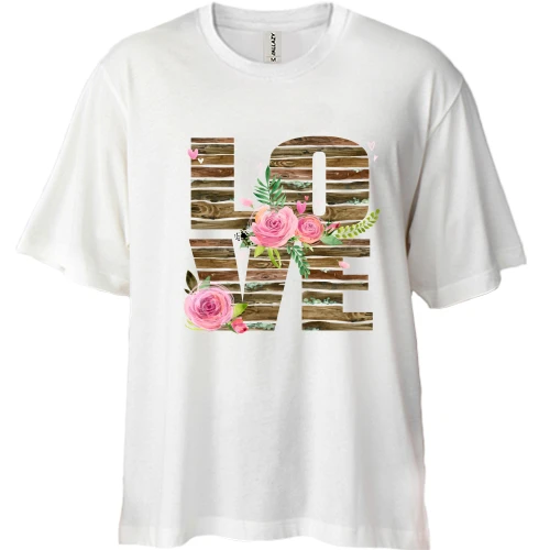 Футболка двунитка Oversize, Белый, с надписью LOVE и розами