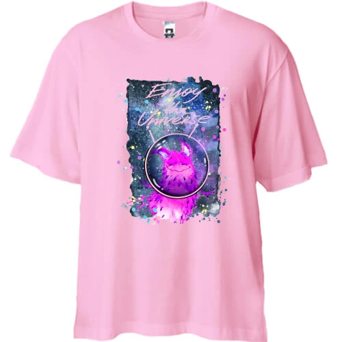 Футболка двунитка Oversize с розовым монстром "enjoy the universe"