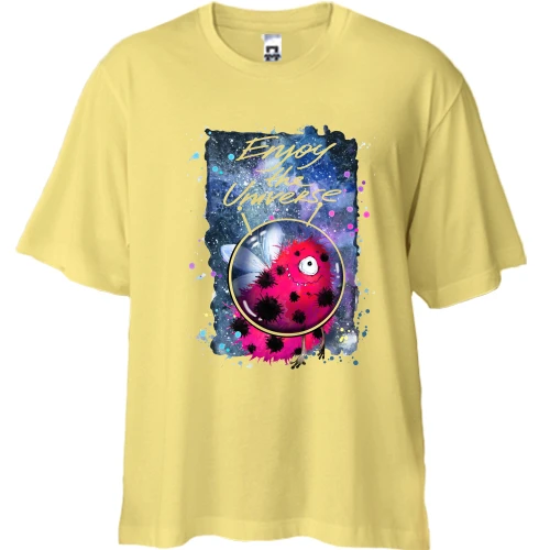 Футболка двунитка Oversize, Желтый, с красным монстром "enjoy the universe"