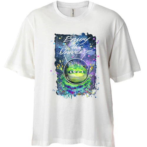 Футболка двонитка Oversize, Білий, с зеленим монстром "enjoy the universe"