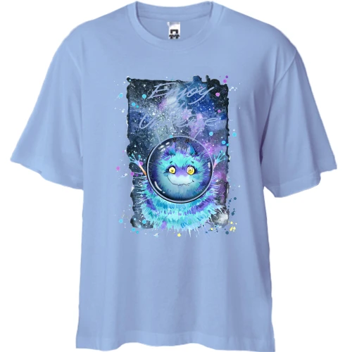 Футболка двунитка Oversize с голубым монстром "enjoy the universe"