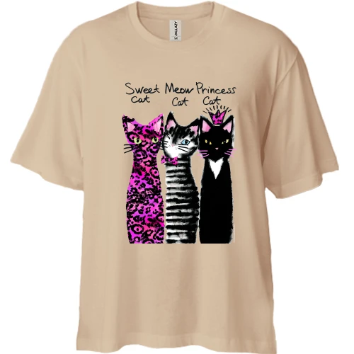 Футболка двонитка Oversize, Бежевий, з трьома котами "sweet, princess, meow" (1)