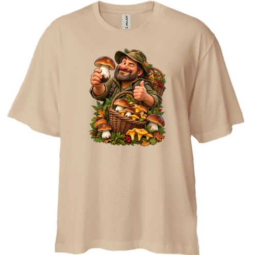 Футболка двонитка Oversize з грибником та білими грибами
