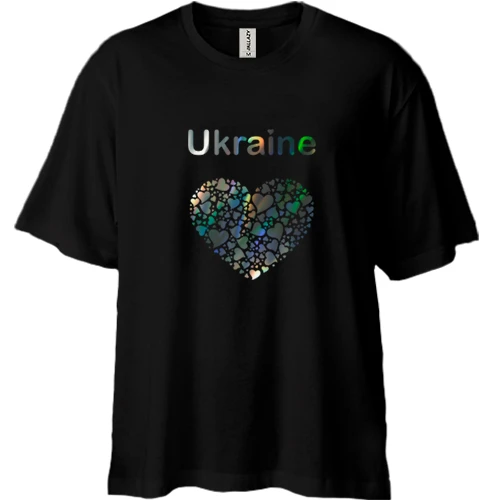 Футболка двунитка Oversize, Черный, Ukraine - сердце (голограмма)