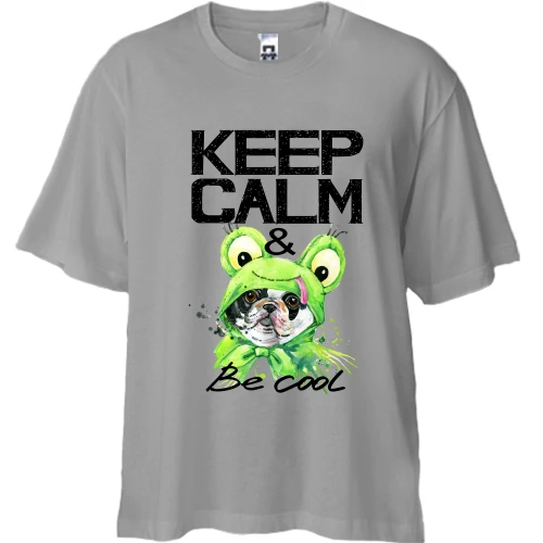 Футболка двунитка Oversize, Серый, с Бостон-терьером "Ceep calm & be cool"