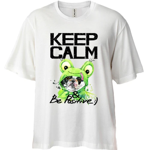 Футболка двунитка Oversize, Синий, с Бостон-терьером "Ceep calm & be positive"