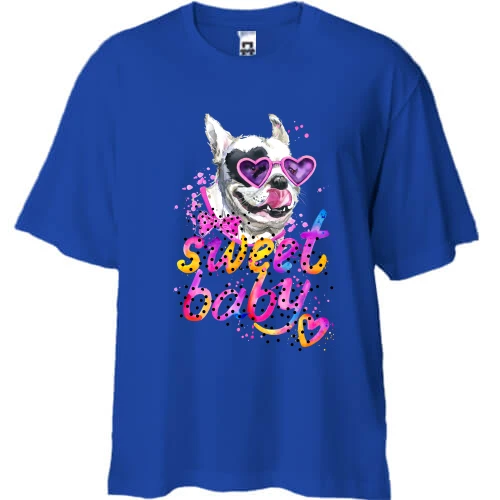 Футболка двунитка Oversize, Синий, с Бульдогом в очках "sweet baby"