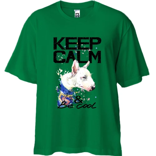 Футболка двунитка Oversize, Зеленый, з бультерьером Ceep calm and be cool