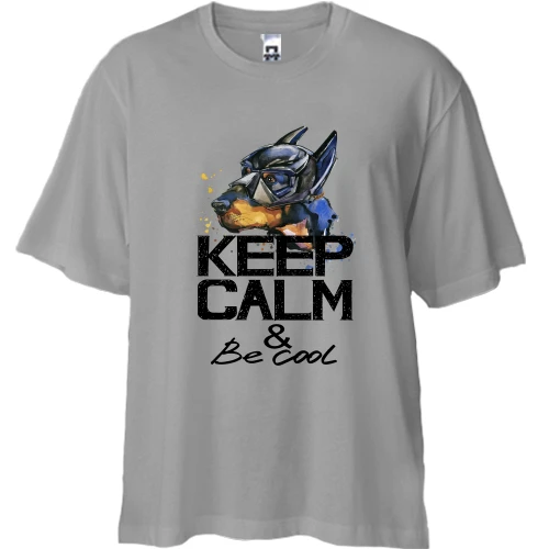 Футболка двунитка Oversize, Серый, с доберманом "ceep calm & be cool"