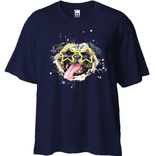 Футболка двунитка Oversize, Синий, с мопсом "superstar"