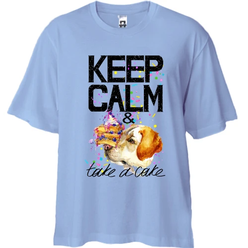 Футболка двунитка Oversize, Синий, с пойнтером "Keep calm & take a cake"
