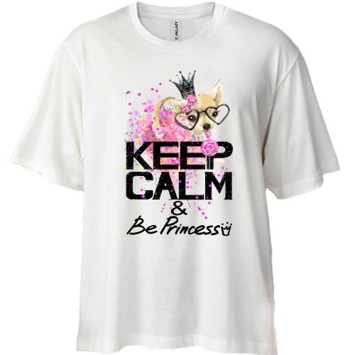 Футболка двонитка Oversize, Білий, з собачкою "Keep calm and be princess"
