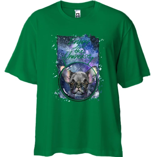 Футболка двунитка Oversize, Зеленый, с Французским Бульдогом (enjoy the universe
