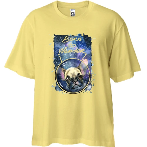Футболка двунитка Oversize, Желтый, с Французским Бульдогом (born to wander)