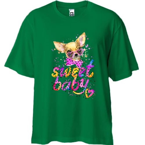 Футболка двунитка Oversize, Зеленый, с Чихуахуа (sweet baby)