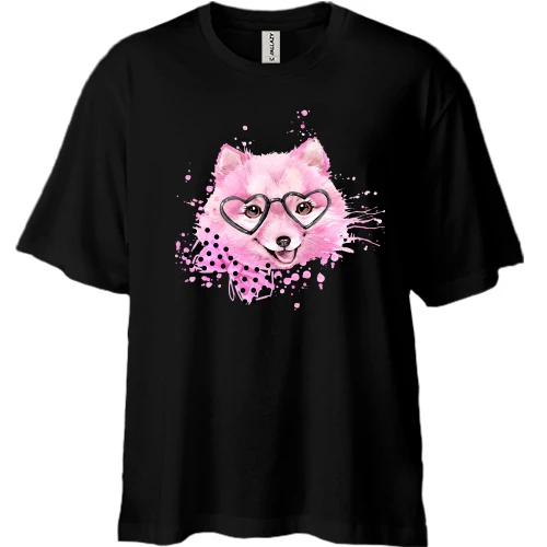 Футболка двунитка Oversize, Черный, с собачкой Шпиц в очках
