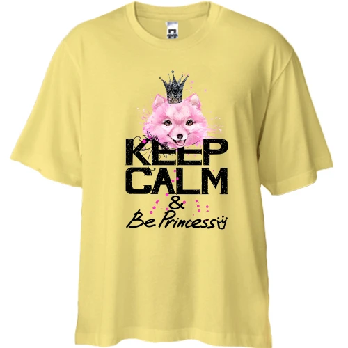 Футболка двунитка Oversize, Желтый, с собачкой Шпиц "keep calm & be princess"