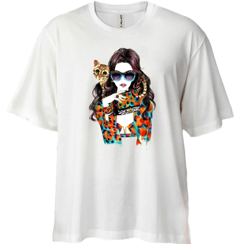 Футболка двунитка Oversize Девушка с кошкой