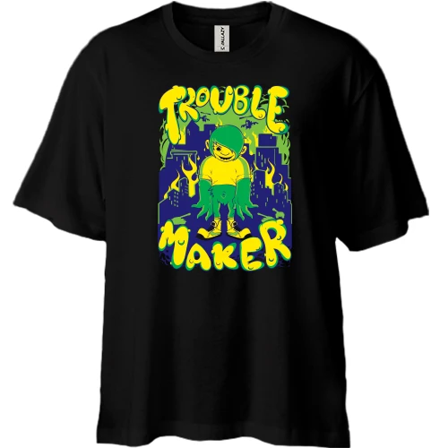 Футболка двонитка Oversize, Чорний, Trouble Maker з монстром