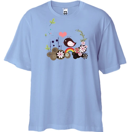 Футболка двунитка Oversize, Синий, с птицей в цветах