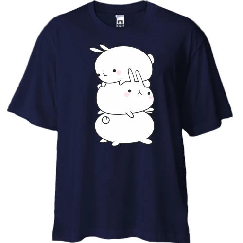 Футболка двунитка Oversize, Синий, с тремя кроликами друг на друге